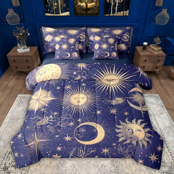 Feelyou Hippie Sun Moon Bedding Comforter Set 7 Pieces, Mystic Western Constellation Full Bedding Set, Bohemian Stars Print Reversible Fitted Sheet Flat Sheet, Microfiber Bedroom Decor