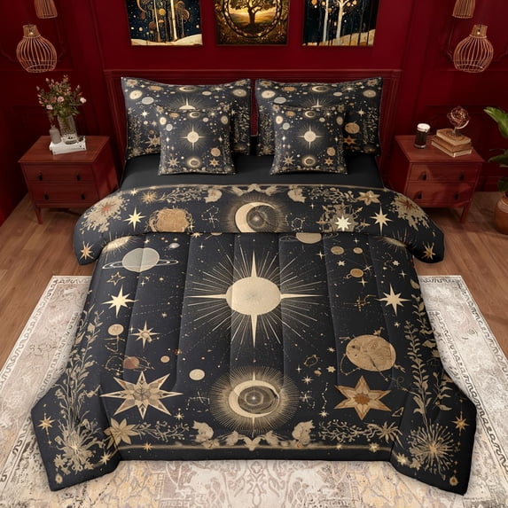 Feelyou Hippie Sun Moon Bedding Comforter Set 7pcs, Dreamy Western Constellation Queen Bedding Sets, Jungle Flower Plant Reversible Queen Sheet Sets, Breathable Home Decor