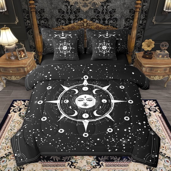 Feelyou Hippie Sun Moon Bedding Comforter Set 7pcs, Mystic Western Constellation Queen Bedding Sets, Dreamy Stars Print Reversible Queen Sheet Sets, Super Cozy Room Decor