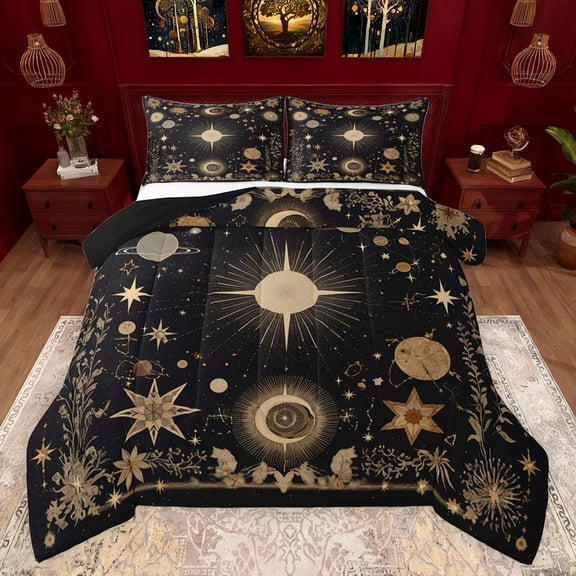 Feelyou Hippie Sun Moon Bedding Comforter Set, Dreamy Western Constellation Twin Comforter Sets, Jungle Flower Plant Reversible Bedding Set, Breathable Home Decor, 2pcs