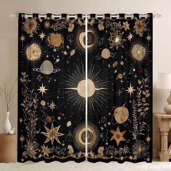 Feelyou Hippie Sun Moon Blackout Curtains Set of 2 (52x84 Each), Dreamy Western Constellation Window Curtains, Jungle Flower Plant Curtains and Drapes, Window Curtains Home Decor