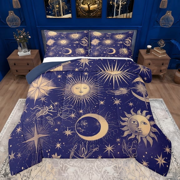 Feelyou Hippie Sun Moon Queen Comforter Set, Mystic Western Constellation Bedding Sets, Bohemian Stars Print Reversible Bedding Comforter Set, Microfiber Bedroom Decor, 3-Piece