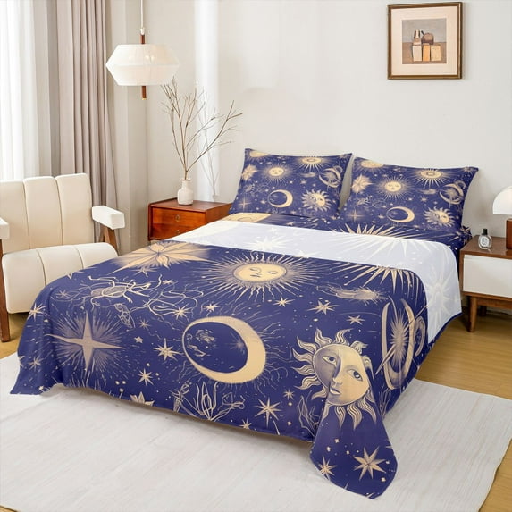 Feelyou Hippie Sun Moon Twin Sheet Sets, Mystic Western Constellation Twin Fitted Sheet, Bohemian Stars Print Flat Sheet, Microfiber Bedroom Decor, 3-Piece