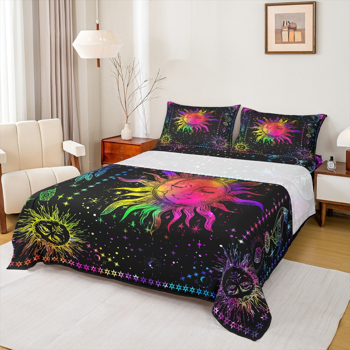 Feelyou Hippie Sun and Moon Queen Sheet Sets, Trippy Galaxy Stars Flat