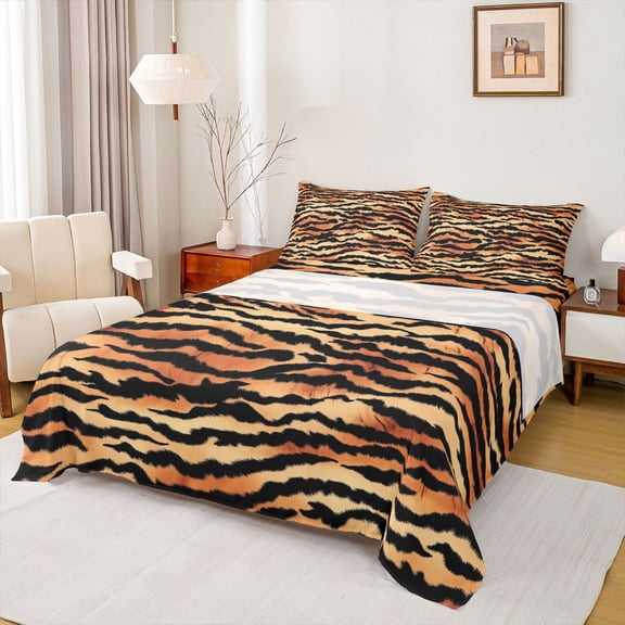 Feelyou Hippie Tiger Print Bed Sheets, Rustic Farmhouse Animal King Sheets, 4-Piece