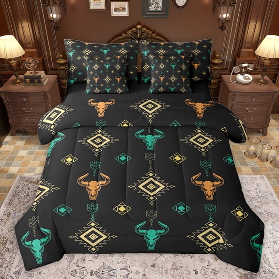 Feelyou Hippie Tribal Aztec Bedding Comforter Set 7pcs for Adult, Retro Triangle Abstract King Bedding Sets, Southwestern Reversible Bed Sheets, Breathable Home Decor