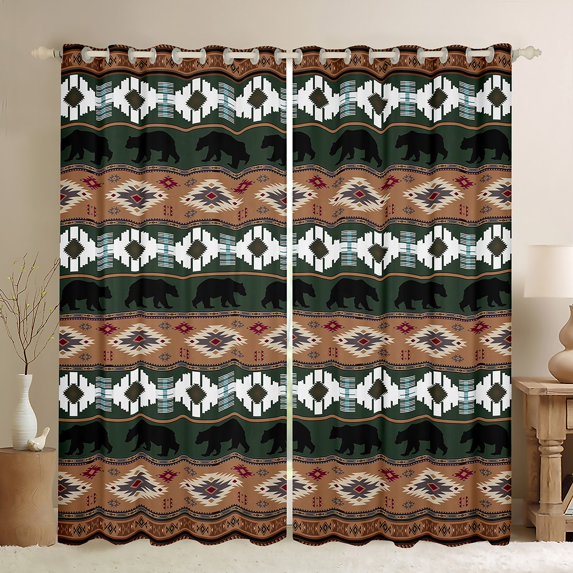 Feelyou Hippie Tribal Aztec Curtains Pack of 2 (42x84 Each), Brown Teal Triangle Curtains Blackout, Woodland Bear Animal Bedroom Curtains, Living Room Curtains Decor