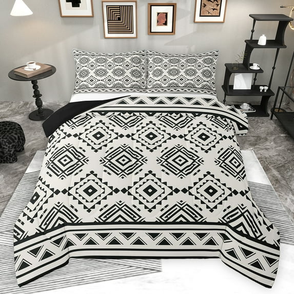 Feelyou Hippie Tribal Aztec Full Size Comforter Sets, White Black Abstract Bedding Comforter Set, Teens Adult Women Men Reversible Bedding Sets, Super Cozy Room Decor, 3pcs
