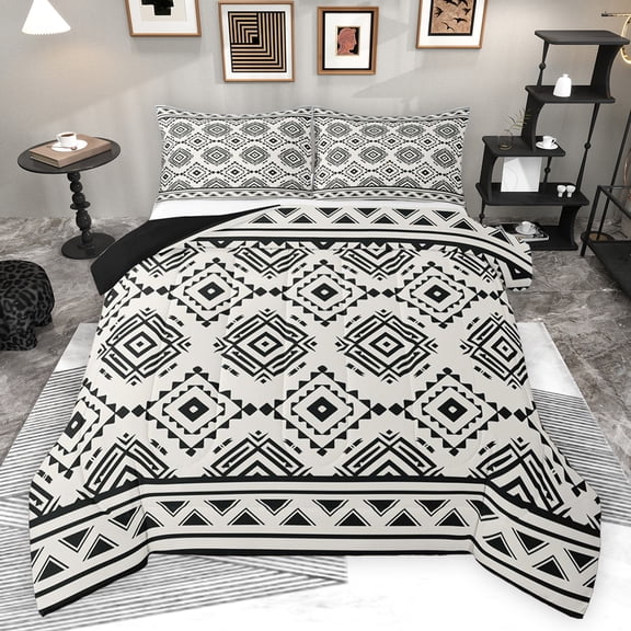 Feelyou Hippie Tribal Aztec Queen Comforter Set, White Black Abstract Bedding Sets, Teens Adult Women Men Reversible Bedding Comforter Set, Super Cozy Room Decor, 3pcs
