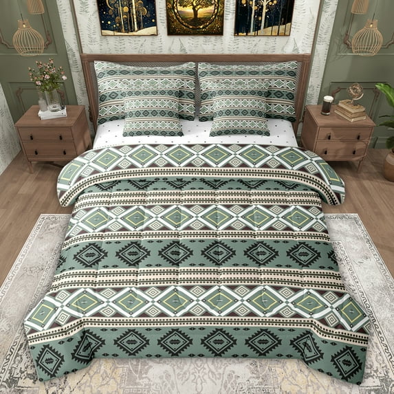 Feelyou Hippie Tribal Aztec Twin Bedding Sets 7-Piece, Green Retro Abstract Bedding Comforter Set, Teens Adult Women Men Reversible Sheet Sets, Luxury Bedroom Decor