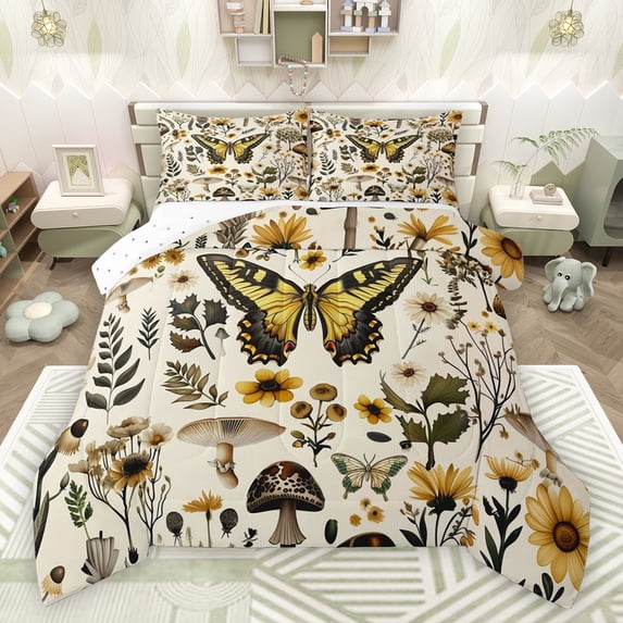 Feelyou Hippie Tribal Butterfly Full Size Comforter Sets, Cartoon Jungle Mushroom Bedding Comforter Set, Rustic Groovy Sunflower Reversible Bedding Sets, Super Cozy Room Decor, 3pcs