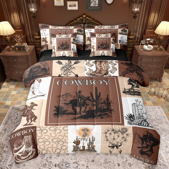 Feelyou Hippie Tribal Cowboy Bedding Comforter Set 7pcs, Gothic Western Skeleton King Bedding Sets, Teens Kids Boys Girls Reversible Bed Sheets, Microfiber Bedroom Decor