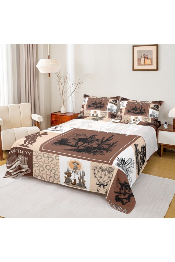 Hippie Tribal Cowboy Queen Sheet Sets, Gothic Western Skeleton Flat Sheet, Teens Kids Boys Girls Queen Fitted Sheet, Microfiber Bedroom Decor, 4pcs