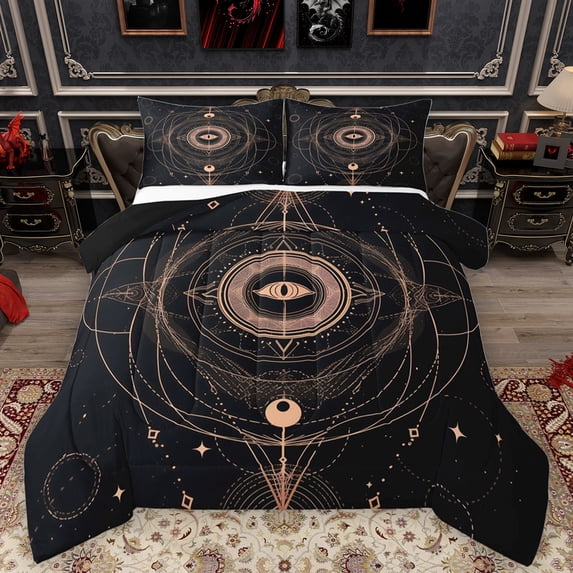 Feelyou Hippie Tribal Eye Queen Comforter Set, Mystic Stripes Abstract Bedding Sets, Boho Stars Moon Galaxy Reversible Bedding Comforter Set, Microfiber Bedroom Decor, 3pcs