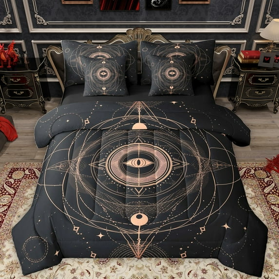 Feelyou Hippie Tribal Eye Twin Bedding Sets 7-Piece, Mystic Stripes Abstract Bedding Comforter Set, Boho Stars Moon Galaxy Reversible Sheet Sets, Microfiber Bedroom Decor