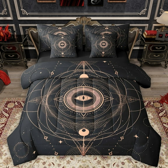 Feelyou Hippie Tribal Eye Twin Bedding Sets 7-Piece, Mystic Stripes Abstract Bedding Comforter Set, Boho Stars Moon Galaxy Reversible Sheet Sets, Microfiber Bedroom Decor