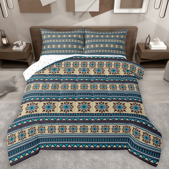 Feelyou Hippie Trible Aztec Queen Comforter Set, Western Paisley Bedding Sets, Teal Stripes Triangle Reversible Bedding Comforter Set, Microfiber Bedroom Decor, 3 Pieces