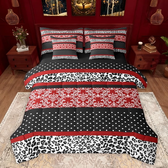 Feelyou Hippie Western Damask Bedding Comforter Set 7pcs, Modern Abstract Ombre Red King Bedding Sets, Teens Adult Women Reversible Bed Sheets, Lightweight Room Decor