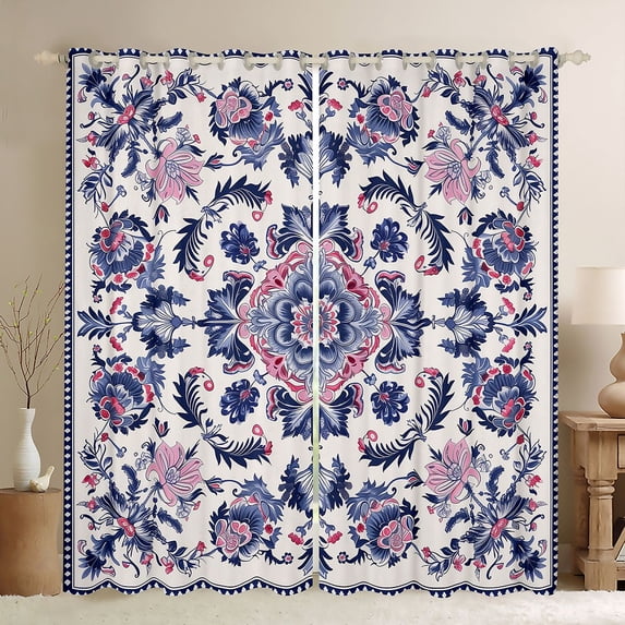 Feelyou Hippie Western Damask Curtains Pack of 2 (42x84 Each) for Women, Blue Pink Bohemian Curtains Blackout, Tribal Flower Bedroom Curtains, Blackout Curtains Room Decor