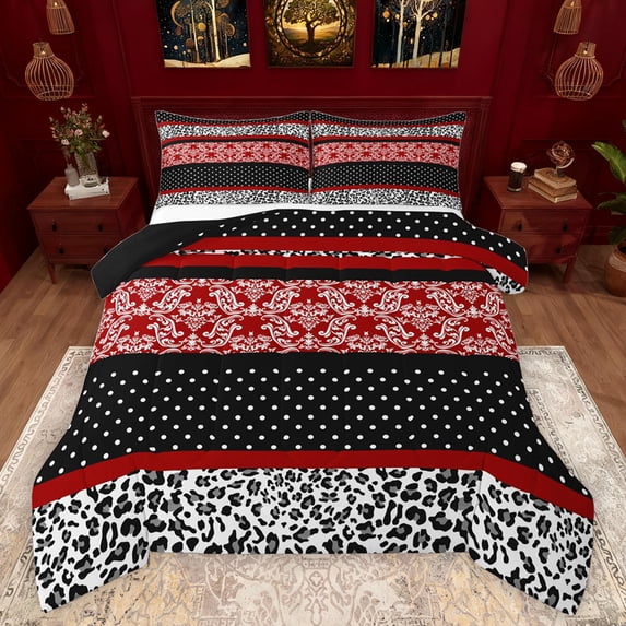 Feelyou Hippie Western Damask Full Size Comforter Sets, Modern Abstract Ombre Red Bedding Comforter Set, Teens Adult Women Reversible Bedding Sets, Lightweight Room Decor, 3 Pieces