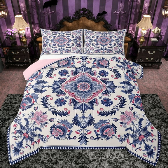 Feelyou Hippie Western Damask Full Size Comforter Sets for Women, Blue Pink Bohemian Bedding Comforter Set, Tribal Flower Reversible Bedding Sets, Super Cozy Room Decor, 3pcs