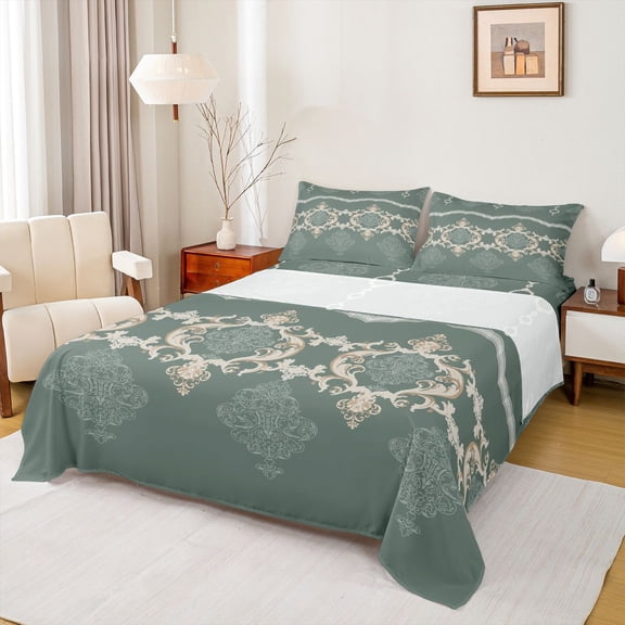 Feelyou Hippie Western Damask Queen Sheet Sets for Adult, Mandala Bohemian Flat Sheet, Vintage Green Floral Print Queen Fitted Sheet, Breathable Home Decor, 4-Piece