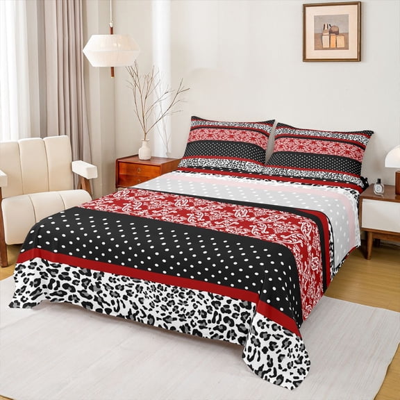 Feelyou Hippie Western Damask Twin Sheet Sets, Modern Abstract Ombre Red Twin Fitted Sheet, Teens Adult Women Flat Sheet, Lightweight Room Decor, 3 Pieces