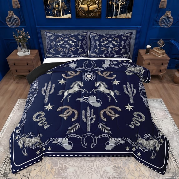 Feelyou Hippie Western Horse Bedding Comforter Set, Cactus Plant Botanical Twin Comforter Sets, Tribal Texas Stars Reversible Bedding Set, Ultra Soft Bedroom Decor, 2 Pieces
