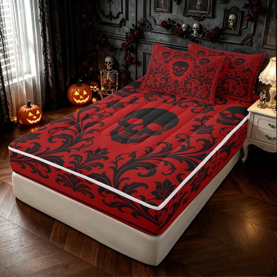 Feelyou Hippie Western Skull Zipper Queen Comforter Set with Fitted Sheet and 2 Pillowcases, Boho Damask Floral Zipper Bedding Set, Red Black, Black Reversible, 4pcs