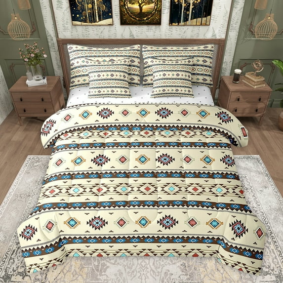 Feelyou Hippie Wheat Aztec Twin Bedding Sets 7-Piece, Tribal Western Abstract Bedding Comforter Set, Bohemian Triangle Reversible Sheet Sets, Luxury Bedroom Decor