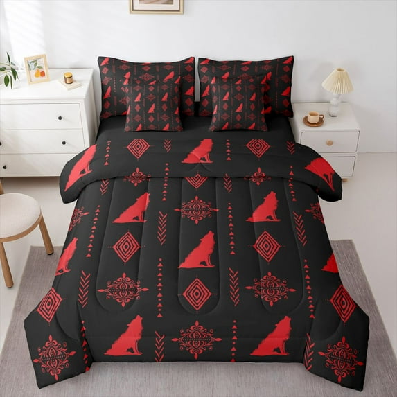 Feelyou Hippie Wolf Wildlife Bedding Comforter Set 7pcs, Aztec Triangle King Bedding Sets