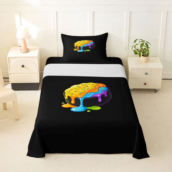 Feelyou Hockey Ice Cream Drip Twin Sheets for Kids, Rainbow Sprinkle Sport Bedding, 3 Pieces, 1 Flat Sheet, 1 Fitted Sheet and 1 Pillowcase