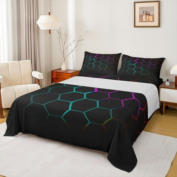 Feelyou Honeycomb Abstract Teen Bed Sheets, Green Pink Rectangle King Sheets, 4pcs