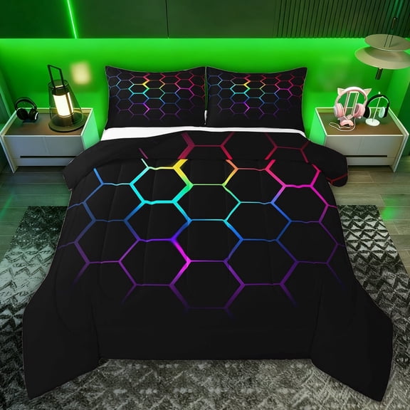 Feelyou Honeycomb Abstract Teen Twin Comforter Sets, Neon Rectangle Bedding Set, 2 Pieces