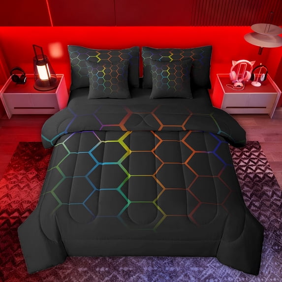 Feelyou Honeycomb Bedding Comforter Set 7 Pieces, Abstract Lines Ombre Full Bedding Set