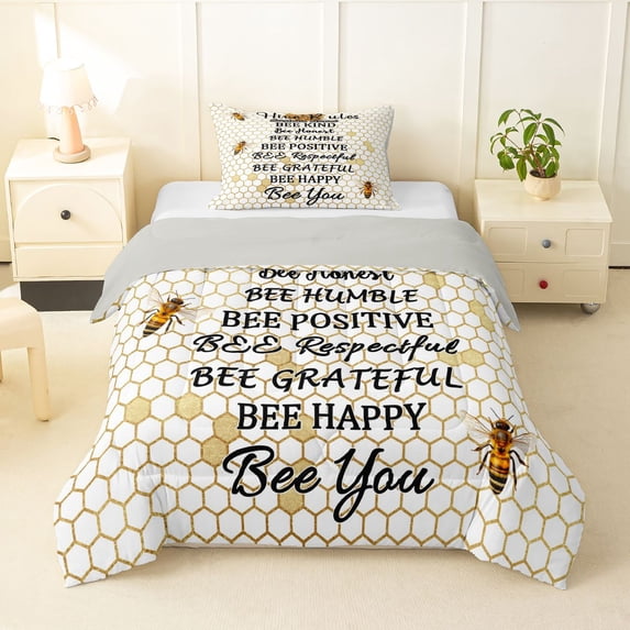 Feelyou Honeycomb Twin Comforter Sets, Positive Word Bedding Set, 2 Pieces