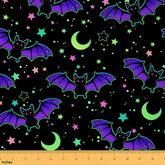 Feelyou Horror Bat Fabric by the Yard 5 Yards, Bling Stars Print Room Decor Fabric by the Yard, Child Cartoon Halloween Fabric for Sewing, Lightweight Room Decor