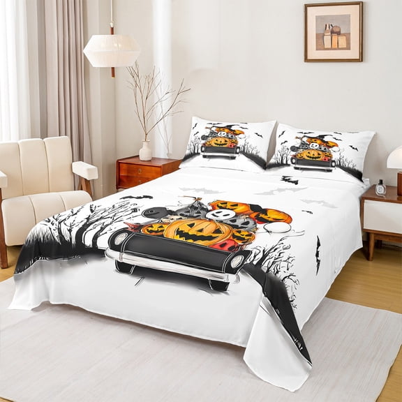 Feelyou Horror Ghost Child Bed Sheets, Pumpkin Bat Print King Sheets, Gothic Halloween Theme Sheet Set, Lightweight Room Decor, 4pcs