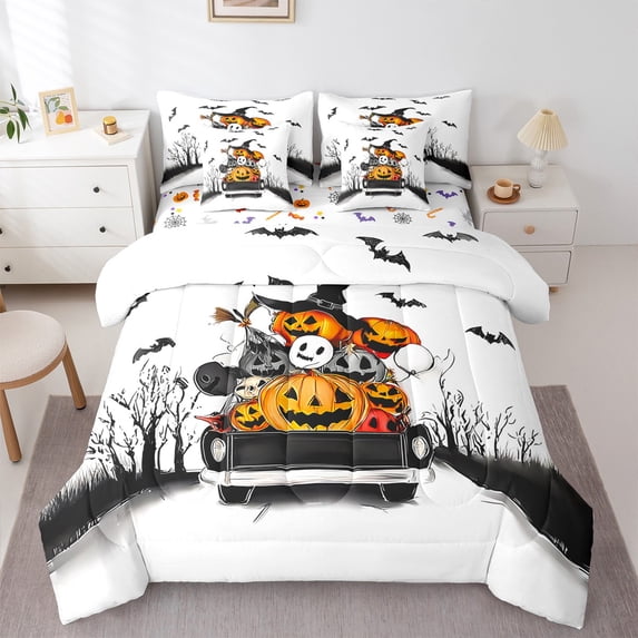 Feelyou Horror Ghost Child Bedding Comforter Set 7pcs, Pumpkin Bat Print Queen Bedding Sets, Gothic Halloween Theme Reversible Queen Sheet Sets, Lightweight Room Decor