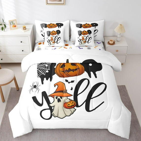 Feelyou Horror Ghost Child Twin Bedding Sets 7-Piece, Pumpkin Sipder Print Bedding Comforter Set, Gothic Halloween Theme Reversible Sheet Sets, Ultra Soft Home Decor