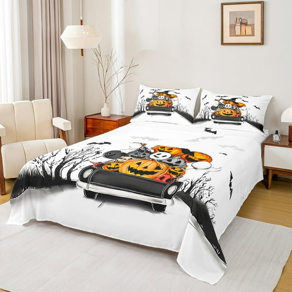 Feelyou Horror Ghost Child Twin Sheet Sets, Pumpkin Bat Print Twin Fitted Sheet, Gothic Halloween Theme Flat Sheet, Lightweight Room Decor, 3pcs