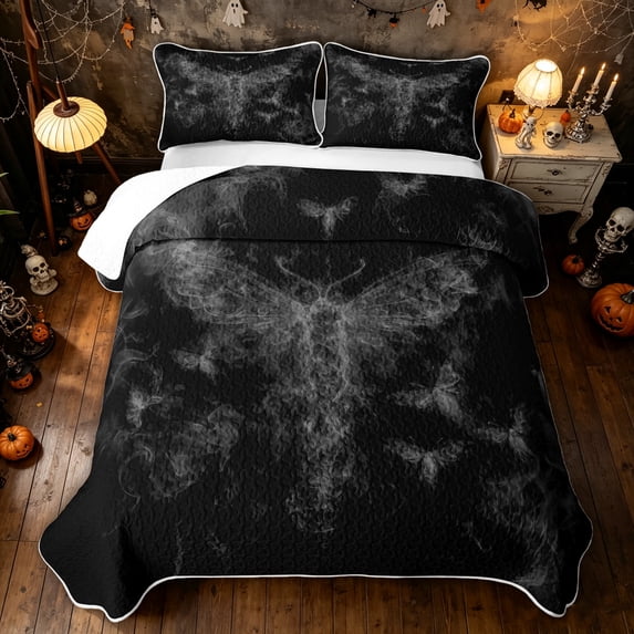 Feelyou Horror Hippie Bat Quilt Full, Spooky Halloween Full Bedspread Sets, Black Gray, 3-Piece, 1 Comforter and 2 Pillowcases
