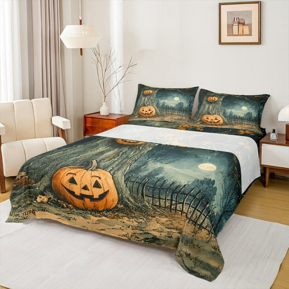 Feelyou Horror Pumpkin Bed Sheets for Kid, Happy Halloween King Sheets, Gothic Jungle Sheet Set, Breathable Home Decor, 4 Pieces