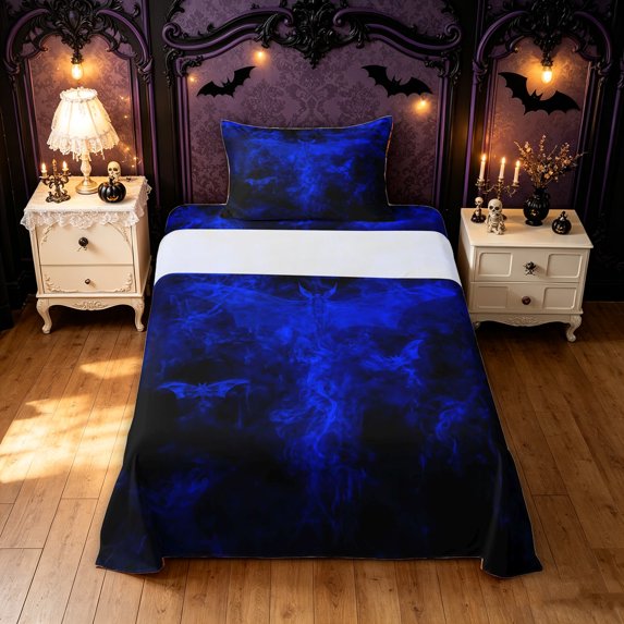 Feelyou Horror Western Bat Twin Sheets, Spooky Halloween Moth Bedding, Blue, 3 Pieces, 1 Flat Sheet, 1 Fitted Sheet and 1 Pillowcase