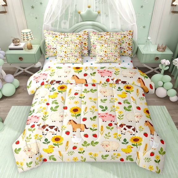 Feelyou Horse Pig Sheep Bedding Comforter Set 7pcs, Rustic Flower Queen Bedding Sets