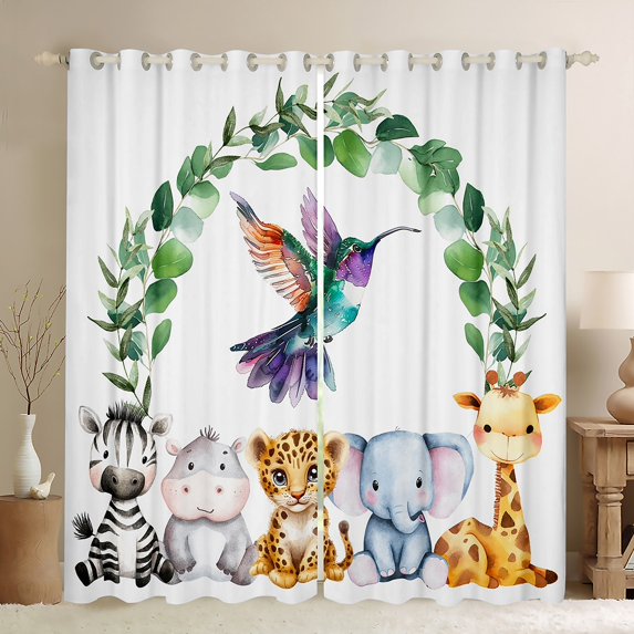 Feelyou Hummingbird Animal Curtains Pack of 2 (42x84 Each), Hippo Zebra Wildlife Curtains Blackout