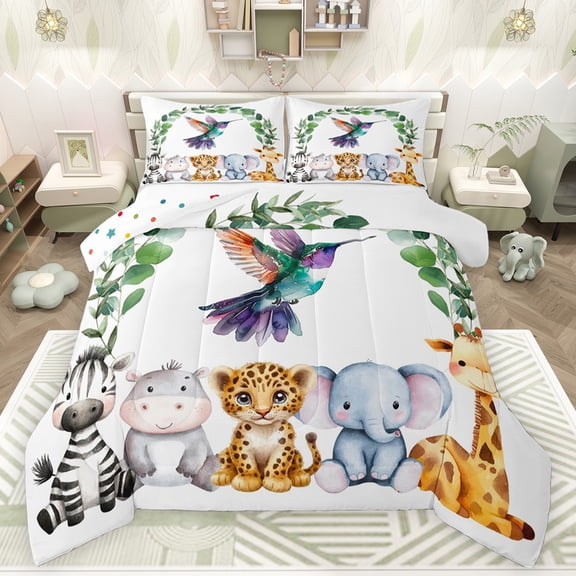 Feelyou Hummingbird Animal Queen Comforter Set for Kids, Hippo Zebra Wildlife Bedding Sets, Green Leaf Plant Reversible Bedding Comforter Set, Lightweight Room Decor, 3pcs