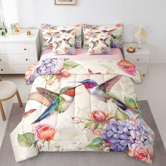 Feelyou Hummingbird Bedding Comforter Set 7 Pieces, Chinese Flower Bird Full Bedding Set