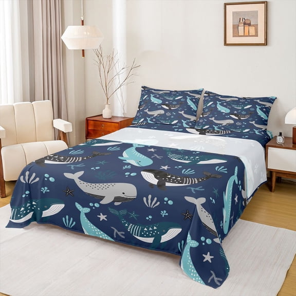 Feelyou Humpback Whale Ocean Full Size Sheets for Boys Girls, Tribal Dot Starfish Sea Marine Bed Sheets, Navy, 4pcs