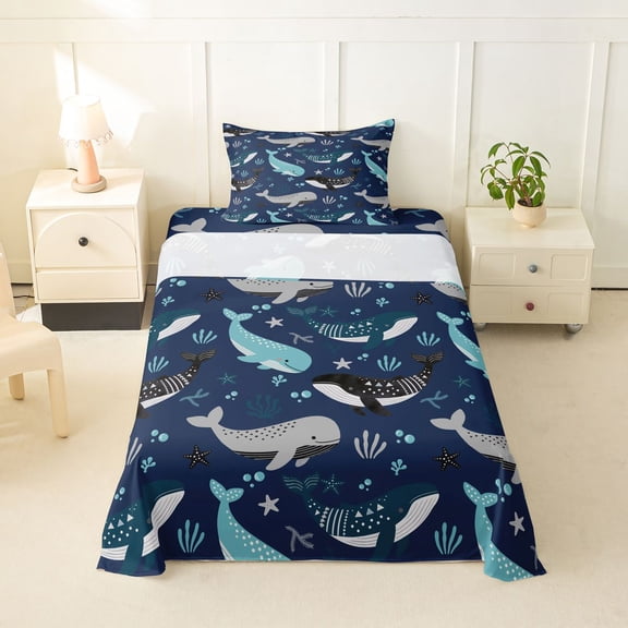 Feelyou Humpback Whale Ocean Twin Sheet Sets for Boys Girls, Tribal Dot Starfish Sea Marine Bedding, Navy, 3pcs